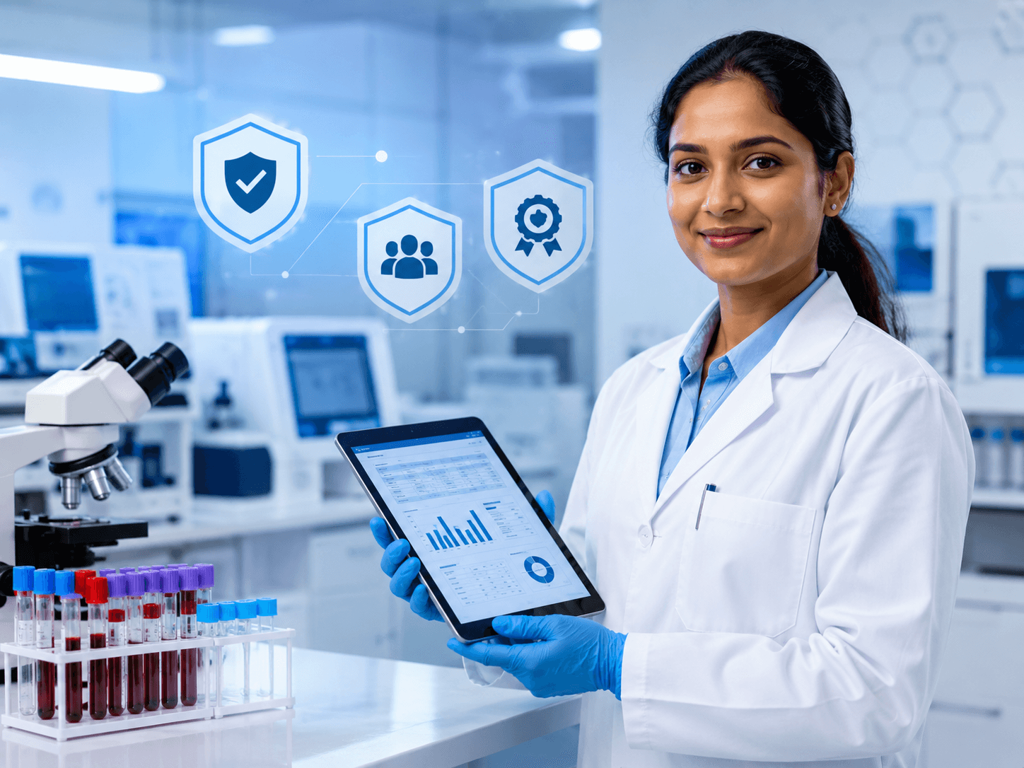 SRM Diagnostics lab partner reviewing reports on a tablet